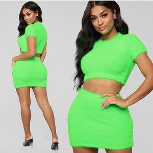Fashion Nova Rare neon green fuzzy set